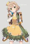  atelier_(series) atelier_escha_&amp;_logy backpack bag bangs bare_shoulders blonde_hair blunt_bangs blush collared_dress commentary_request cowboy_shot detached_sleeves dress green_dress green_eyes grey_background hand_up hat head_tilt holding ikeuchi_tanuma legs_apart long_sleeves looking_at_viewer lucille_ernella multicolored multicolored_clothes multicolored_dress parted_lips short_hair simple_background solo standing twitter_username yellow_dress 