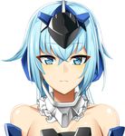  bare_shoulders blue_eyes blue_hair blush breasts cleavage closed_mouth commentary_request detached_collar expressionless eyebrows_visible_through_hair eyes_visible_through_hair frame_arms_girl gloves hair_between_eyes headgear koko_shiguma long_hair looking_at_viewer mecha_musume medium_breasts shiny shiny_hair shiny_skin simple_background solo stylet twintails upper_body white_background 