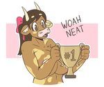  anthro areola award big_breasts bovine bow breasts brown_eyes brown_fur brown_hair cattle dialogue english_text female fur hair mammal minotaur molly_(slightlysimian) nude open_mouth slightlysimian solo text trophy 