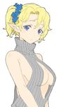  absurdres bangs bare_arms bare_shoulders blonde_hair blue_eyes blue_scrunchie breasts closed_mouth copyright_request donguri_suzume dress elf grey_sweater hair_ornament hair_scrunchie highres looking_at_viewer medium_breasts meme_attire one_side_up open-chest_sweater pointy_ears ribbed_sweater scrunchie simple_background solo sweater sweater_dress upper_body white_background 