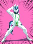  2013 alternate_species animal_humanoid bikini bulge clothed clothing cutie_mark equine equine_humanoid friendship_is_magic hand_on_hip horn humanoid humanoidized looking_at_viewer male mammal my_little_pony naoki pink_background shining_armor_(mlp) simple_background sling_bikini solo standing swimsuit 
