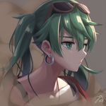  collarbone commentary_request earrings eyewear_on_head green_eyes green_hair hatsune_miku jewelry long_hair looking_away mirea necklace revision solo suna_no_wakusei_(vocaloid) sunglasses twintails upper_body vocaloid 