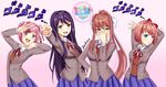  artist_name blazer blue_eyes blue_skirt blush bow brown_hair copyright_name covering_face doki_doki_literature_club eyebrows_visible_through_hair green_eyes hair_bow hair_intakes hair_ornament hair_ribbon hairclip jacket jojo_no_kimyou_na_bouken jojo_pose long_hair monika_(doki_doki_literature_club) multiple_girls natsuki_(doki_doki_literature_club) parody pink_eyes pink_hair pleated_skirt pointing pointing_at_viewer pose purple_eyes purple_hair red_bow ribbon sayori_(doki_doki_literature_club) school_uniform short_hair skirt smile two_side_up v-neck white_bow x_hair_ornament yuri_(doki_doki_literature_club) zedxxx 