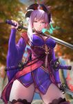  ass_visible_through_thighs bangosu blue_eyes blush breasts collarbone detached_sleeves earrings fate/grand_order fate_(series) forest hair_ornament highres japanese_clothes jewelry katana kimono large_breasts looking_at_viewer midriff miyamoto_musashi_(fate/grand_order) nature navel over_shoulder panties pantyshot pink_hair ponytail sash short_kimono smile solo sword sword_over_shoulder thighhighs underwear weapon weapon_bag weapon_over_shoulder white_panties 