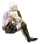  artist_name back boots fire_emblem fire_emblem:_kakusei knee_boots looking_at_viewer looking_back male_focus male_my_unit_(fire_emblem:_kakusei) my_unit_(fire_emblem:_kakusei) protected_link shirtless sitting solo tattoo vwyn19 white_hair 