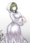  ass bangs breasts dress from_behind ghost_pose ghost_tail gradient gradient_background green_dress green_eyes green_hair grey_background hooded_robe large_breasts long_sleeves looking_at_viewer looking_back short_hair soga_no_tojiko solo touhou unamused white_background yuugatou_(yuuzutu) 