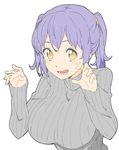  :d absurdres bangs blue_hair breasts brown_eyes donguri_suzume grey_sweater hair_tie hands_up highres large_breasts long_sleeves looking_at_viewer open_mouth ribbed_sweater simple_background smile solo sweater turtleneck turtleneck_sweater twintails white_background 