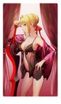  aestus_estus ahoge armpits babydoll bare_shoulders black_babydoll blonde_hair blush braid breasts cleavage closed_mouth contrapposto cowboy_shot curtains eyebrows_visible_through_hair fate/extra fate_(series) from_side gradient gradient_background green_eyes hair_bun hair_ribbon hand_on_hip lingerie looking_at_viewer medium_breasts nero_claudius_(fate) nero_claudius_(fate)_(all) off_shoulder panties pink_background profile red_panties red_ribbon ribbon salmon88 see-through short_hair sidelocks smile solo standing sword thighs underwear underwear_only weapon 