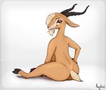  antelope anthro blonde_hair brown_fur butt disney female fur gazelle gazelle_(zootopia) hair hand_on_hip horn looking_back mammal monohors3 nude simple_background sitting smile solo white_background zootopia 