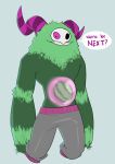  big_horns clothed clothing dialogue fangs food fruit fur green_fur grin himerosthegod imminent_vore looking_at_viewer male male_pred melon monster not_furry pink_eyes sclera_(himeros) simple_background smile solo sweatpants topless translucent_body vore watermelon 
