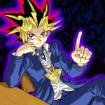  1boy aura facial_mark jacket jewelry male_focus millennium_puzzle multicolored_hair necklace open_clothes open_jacket red_eyes rope smile smirk solo spiked_hair yami_yuugi yu-gi-oh! yuu-gi-ou_(touei) yuu-gi-ou_duel_monsters 