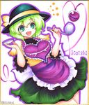  adapted_costume apron artist_name bangs blush_stickers character_name cowboy_shot frilled_apron frills green_eyes green_hair green_pupils green_skirt hat hat_ribbon komeiji_koishi long_sleeves open_mouth outline purple_apron ribbon saucer shikishi short_hair simple_background skirt smile solo soup_ladle third_eye touhou waist_apron warugaki_(sk-ii) white_background yellow_skirt 