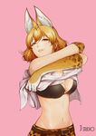  5_fingers amber_eyes animal_humanoid bangs beige_skin bra breasts cleavage clothed clothing female fox_humanoid hair hi_res humanoid inner_ear_fluff j_studio lips midriff navel orange_hair pink_background simple_background underwear 