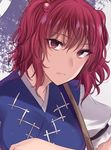  asa_(coco) bangs closed_mouth commentary_request expressionless hair_bobbles hair_ornament japanese_clothes looking_at_viewer onozuka_komachi puffy_short_sleeves puffy_sleeves red_eyes red_hair scythe short_sleeves solo touhou two_side_up upper_body 