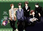  arm_on_shoulder black_hair black_pants book brown_eyes brown_hair crossed_arms fukube_satoshi glasses green_eyes hands_in_pockets hyouka kumakazo19840616 male_focus multiple_boys muneyoshi_kageyama open_book oreki_houtarou pants school_uniform sitting standing striped striped_background tanabe_jirou toogaito_masashi vertical_stripes 