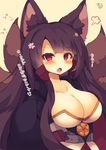  akagi_(azur_lane) anger_vein animal_ear_fluff animal_ears azur_lane black_hair blush breasts cleavage commentary_request eyeshadow fox_ears fox_tail hair_tubes highres japanese_clothes large_breasts long_hair looking_at_viewer makeup multiple_tails muuran red_eyes signature solo sweat tail translated 