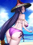  armlet ass back bangs beach bikini blue_sky breasts choker cloud day expressionless eyepatch_bikini fate/grand_order fate_(series) from_behind hat horizon large_breasts long_hair looking_at_viewer looking_back low-tied_long_hair minami_koyogi minamoto_no_raikou_(fate/grand_order) minamoto_no_raikou_(swimsuit_lancer)_(fate) ocean outdoors parted_bangs parted_lips purple_bikini purple_eyes purple_hair sand sidelocks sky solo string_bikini swimsuit thighs very_long_hair 