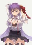  bb_(fate)_(all) bb_(fate/extra_ccc) black_bra black_legwear blush bra breasts cleavage fate/extra fate/extra_ccc fate_(series) hana_mori highres large_breasts long_hair looking_at_viewer mouth_hold panties purple_eyes purple_hair red_ribbon ribbon see-through skirt sleeves_folded_up smile solo thighhighs tying unbuttoned underwear very_long_hair white_panties 