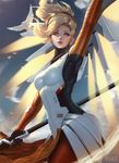  arm_up bird blonde_hair blue_eyes bodysuit dove gloves glowing glowing_wings high_ponytail holding holding_staff long_hair mechanical_halo mechanical_wings mercy_(overwatch) overwatch pantyhose parted_lips raikoart sky solo spread_wings staff wings yellow_wings 