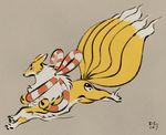  2017 ambiguous_gender canine d-sui digimon digital_drawing_(artwork) digital_media_(artwork) feral fur hi_res kyubimon mammal multi_tail quadruped simple_background solo yellow_fur 