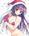  bangs bare_shoulders bottomless bow bra breasts brown_eyes character_request choker cleavage collarbone gloves green_bow hair_ornament halter_top halterneck hat large_breasts long_hair looking_at_viewer navel out-of-frame_censoring purple_hair red_bra red_gloves ryouka_(suzuya) sack santa_hat simple_background sleeveless smile star star_hair_ornament underwear white_background 