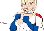 1girl biting_lip blonde_eyes blue_eyes breasts breasts_grab cleavage cleavage_cutout clothed colored dc earrings gloves large_breasts lookin_at_viewer pose power_girl short_hair simple_background solo upper_body white_background 