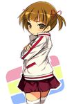  bangs blunt_bangs blush brown_eyes brown_hair closed_mouth crossed_arms eyebrows_visible_through_hair from_behind hair_ribbon jacket kurasuke long_sleeves looking_at_viewer looking_back marui_mitsuba mitsudomoe pleated_skirt red_ribbon red_skirt ribbon short_hair short_twintails sketch skirt solo thighhighs track_jacket twintails white_background white_jacket white_legwear 