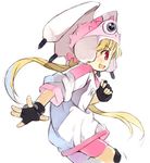  :d alien_nine bangs bike_shorts black_gloves blonde_hair blush borg_(alien_nine) eyebrows_visible_through_hair fingerless_gloves frog_hat from_side gloves gym_shirt hat kurasuke long_hair long_sleeves low_ponytail open_mouth pink_hat pink_shorts profile red_eyes shirt shorts sideways_mouth sketch sleeves_pushed_up smile solo tomine_kasumi very_long_hair white_shirt 