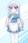  :&lt; absurdres alternate_costume apron bangs blend_s blue_background blue_eyes blue_shirt blue_skirt blush closed_mouth collared_shirt commentary_request company_connection cosplay eyebrows_visible_through_hair flying_sweatdrops frilled_apron frills gloves gochuumon_wa_usagi_desu_ka? hair_ornament hand_on_own_chest head_scarf highres kafuu_chino long_hair looking_at_viewer manga_time_kirara omochi_(rimulovemiku) pleated_skirt puffy_short_sleeves puffy_sleeves purple_hair shirt short_sleeves skirt solo stile_uniform thighhighs twintails two-tone_background uniform very_long_hair waist_apron waitress white_apron white_background white_gloves white_legwear x_hair_ornament 