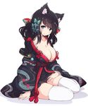  animal_ears azur_lane bangs black_hair black_kimono black_skirt blue_eyes blush breasts cat_ears cleavage closed_mouth collarbone commentary_request eyebrows_visible_through_hair fusou_(azur_lane) hair_over_shoulder hakama_skirt highres japanese_clothes kimono large_breasts long_hair looking_at_viewer mel_(melty_pot) pleated_skirt sidelocks simple_background sitting skirt smile solo white_background yokozuwari 