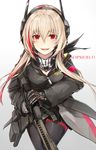  absurdres assault_rifle black_cola blush character_name cyborg girls_frontline gun hair_between_eyes headgear highres long_hair looking_at_viewer m4_carbine m4_sopmod_ii m4_sopmod_ii_(girls_frontline) mechanical_arm multicolored_hair pink_hair red_eyes rifle scarf silver_hair smile solo sopmod streaked_hair weapon 