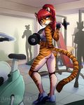  2016 abluedeer anthro athletic big_breasts biped blue_eyes bottomless breasts butt christina_mort_(paltala) clothed clothing feline female fur gym hair hi_res inside long_tail looking_back mammal open_mouth orange_fur paltala public raised_eyebrows red_hair shadow shirt solo tiger weights white_fur 