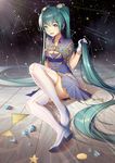  absurdly_long_hair aqua_hair cleavage_cutout full_body gloves green_eyes hatsune_miku high_heels long_hair looking_at_viewer sitting skirt solo thighhighs twintails very_long_hair vocaloid white_gloves white_legwear xiaosan_ye 