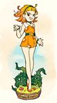  blonde_hair bracelet cagney_carnation character_name collar cuphead_(game) dress earrings evil_grin evil_smile faux_figurine floral_print flower_earrings full_body genderswap genderswap_(mtf) green_hairband grin hairband highres jewelry looking_at_viewer mushroom oimo_(14sainobba) personification plant sharp_teeth short_hair smile spiked_bracelet spiked_collar spikes teeth vines 