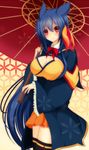  absurdres animal_ears black_legwear blue_hair breasts gen_2_pokemon hair_ornament highres large_breasts long_hair naiki_karin over_shoulder parasol personification pokemon red_eyes smile solo standing thighhighs typhlosion umbrella very_long_hair wide_sleeves 