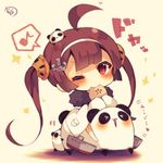  &gt;_&lt; :3 :d ;) ahoge anchor_hair_ornament azur_lane baozi brown_eyes brown_hair chibi eating eighth_note food hair_ornament hairband holding long_hair looking_at_viewer musical_note muuran one_eye_closed open_mouth panda ping_hai_(azur_lane) riding signature smile speech_bubble spoken_musical_note translation_request twintails x3 xd 