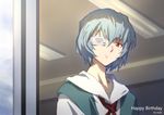  ayanami_rei blue_hair breasts expressionless eyepatch highres neon_genesis_evangelion red_eyes red_ribbon ribbon school_uniform shirt short_hair short_sleeves skaijang small_breasts solo upper_body 