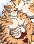  2018 abs anthro biceps blue_eyes clothing feline fur kumak71395 lin_hu male mammal muscular muscular_male nekojishi pecs simple_background tiger 