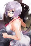  ass bare_arms bare_shoulders black-framed_eyewear bow bow_swimsuit breasts collarbone covered_nipples dress dress_swimsuit fate/grand_order fate_(series) from_side glasses halterneck highres holding_shield large_breasts looking_at_viewer mash_kyrielight no_bra parted_lips purple_eyes purple_hair red_bow semi-rimless_eyewear shield short_dress short_hair sideboob solo swimsuit swimsuit_of_perpetual_summer teoshiguruma under-rim_eyewear white_swimsuit 