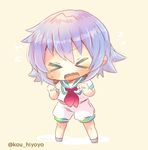  &gt;_&lt; chibi closed_eyes full_body green_sailor_collar kantai_collection kouu_hiyoyo neckerchief open_mouth pink_background purple_hair red_neckwear sailor_collar school_uniform serafuku short_hair short_sleeves shorts simple_background solo standing tama_(kantai_collection) twitter_username wavy_mouth white_shorts 