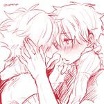  couple eye_contact fate/extra fate/grand_order fate_(series) finger_to_mouth fujimaru_ritsuka_(male) hand_on_another's_cheek hand_on_another's_face lips looking_at_another male_focus monochrome multiple_boys owo_(black124) parted_lips robin_hood_(fate) smile twitter_username upper_body yaoi 