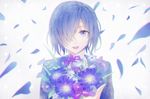  :d bangs blue_eyes blue_hair bouquet commentary_request eyebrows_visible_through_hair flower hair_over_one_eye holding holding_bouquet kanda_kou kirishima_touka open_mouth short_hair smile solo tokyo_ghoul upper_body 