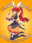  animal_ears bunny_ears bunny_tail cereal cereal_box commentary english fake_animal_ears fake_tail food green_eyes halloween halloween_costume happy high_heels iesupa marshmallow ponytail pumpkin_pants pyrrha_nikos red_hair rwby solo sparkle spoon tail thighhighs 
