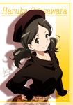  beret brown_hair brown_hat brown_sweater character_name hat hibike!_euphonium highres logo long_hair looking_at_viewer low_twintails nii_manabu ogasawara_haruka shadow smile solo sweater twintails upper_body yellow_eyes 