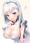  apron azur_lane bangs belfast_(azur_lane) blush breasts chain cleavage collar collarbone commentary_request eyebrows_visible_through_hair frilled_apron frills gloves grey_background hair_between_eyes half_updo heart highres large_breasts leaning_forward long_hair looking_at_viewer parted_lips purple_eyes shirako_sei silver_hair simple_background smile solo upper_body white_gloves 