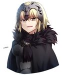  armor artist_name bad_id bad_pixiv_id bags_under_eyes bangs black_cape blonde_hair breasts cape cloak commentary_request eyebrows_visible_through_hair fate/grand_order fate_(series) fur_collar fur_trim gauntlets headpiece highres ichiren_namiro jeanne_d'arc_(alter)_(fate) jeanne_d'arc_(fate)_(all) looking_at_viewer medium_breasts short_hair side_slit sidelocks signature simple_background smile upper_body vambraces white_background yellow_eyes 