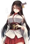  bangs bare_shoulders black_hair blush breasts closed_mouth commentary cowboy_shot detached_sleeves fusou_(kantai_collection) hair_between_eyes hair_ornament hakama_skirt hand_on_own_stomach headgear japanese_clothes kantai_collection large_breasts long_hair looking_at_viewer nontraditional_miko obi red_eyes red_shirt sash shirt sidelocks simple_background solo utopia white_background wide_sleeves 
