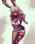  animal_ears atutcha blonde_hair breasts brown_hair bunny_ears cleavage commentary dark_skin final_fantasy final_fantasy_xii from_above highres long_hair looking_at_viewer looking_up medium_breasts midriff miniskirt monochrome navel sitting skirt solo thigh_strap viera 