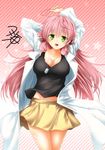  :d akashi_(kantai_collection) alternate_costume arm_behind_head arms_up black_tank_top breasts cleavage collarbone diagonal-striped_background diagonal_stripes dog_tags eyebrows_visible_through_hair gradient gradient_background green_eyes kantai_collection labcoat large_breasts long_hair long_sleeves looking_at_viewer midriff_peek open_mouth pink_hair pleated_skirt red_background signature skirt smile solo star starry_background striped striped_background tank_top yellow_skirt yua_(checkmate) 