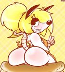  anthro apron big_butt blonde_hair breasts butt clothing eyelashes food food_play fu-do fur grin hair looking_back mammal mouse naked_apron pancake rodent smile solo v_sign white_fur 